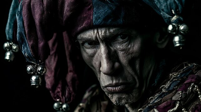 Prompt: A disturbing yet beautiful dark Renaissance portrait of a court jester. His traditional bi-color hat is adorned with tiny hanging silver bells that are actually miniature spinning black 
