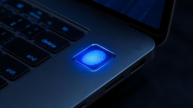 Fingerprint scanner glowing blue on laptop keyboard with illuminated keys in dark environment