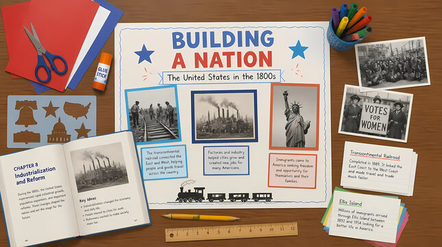 Educational bulletin board displaying historical American themes with student craft supplies and textbook pages on a wooden desk