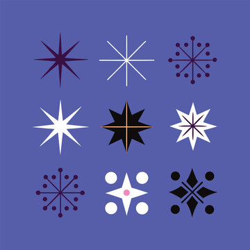 Retro mid-century starburst icons, set of 9 vintage atomic age star and sparkle vectors, minimalist geometric celestial shapes for holiday branding