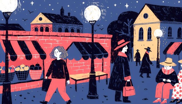 Cozy Night Market Folk Art Illustration with People Walking in European Town Square