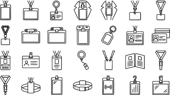 Black and White Line Art Icons of Lanyards, Badges, and Access Cards for Security and Identification