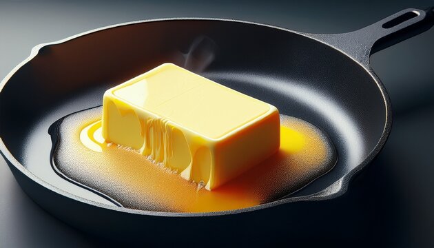 piece of butter in shape of parallelepiped began to melt in hot frying cast iron pan with dark non stick surface foam bubbles minimalist food art geometric shape melting process clear composition