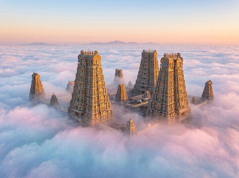 Ancient Indian Gopuram Temple Towers Emerging Above the Clouds