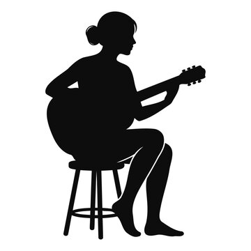 Silhouette of a woman sitting on a stool and playing an acoustic guitar