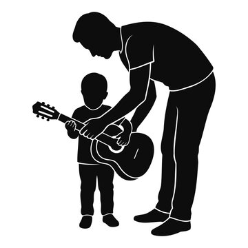 Man teaching young boy to play acoustic guitar silhouette illustration on white background