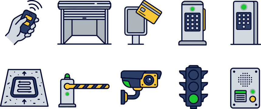 Set of access control and security system icons including remote control, garage door, card reader, keypad, vehicle loop detector, barrier gate, cctv camera, traffic light and intercom
