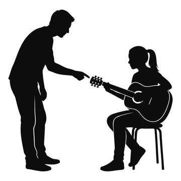 Silhouette of a man teaching a girl how to play the acoustic guitar on a white background