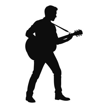 Silhouette of a male musician playing an acoustic guitar standing on a white background