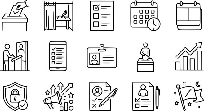 Election voting icons: ballot box, polling booth, checklist, calendar, ID card, graph, megaphone, flag, security shield - black and white line art