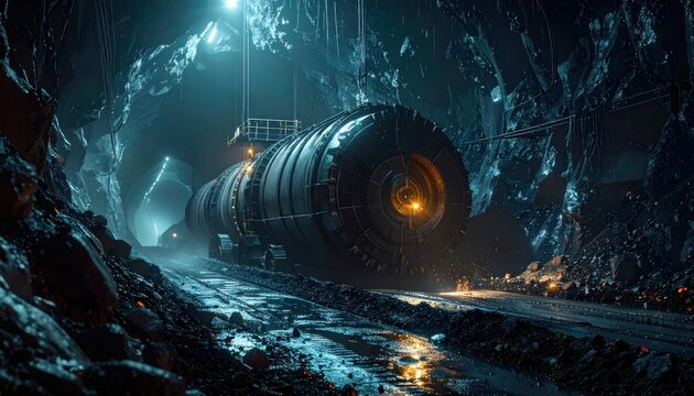 Massive Tunnel Boring Machine (TBM) Advances Deep Underground in Futuristic Mining Operation