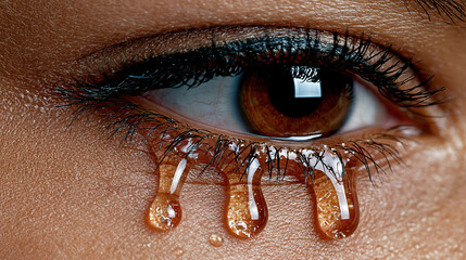 Tear eye close up surreal pain sadness sorrow emotional abstract concept art macro focus detail skin lash brown pupil reflection liquid cry grief melancholy © Mrammon