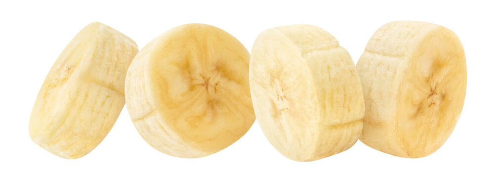 Delicious peeled banana slices, isolated on transparent cutout background