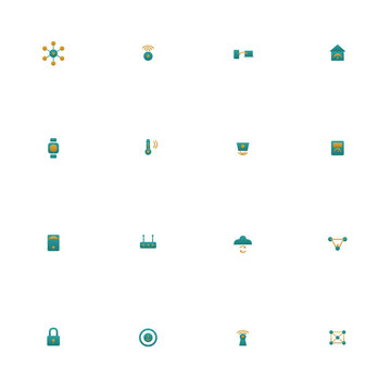 IoT icon set - 16 teal and amber duotone vector icons. IoT hub, smart sensor, connected devices, smart home, wearable, gateway, smart lock and more symmetric flat internet of things icons, isolated.