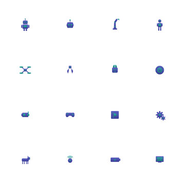 Robotics icon set - 16 indigo and teal duotone vector icons. Robot, robot head, robotic arm, humanoid, drone, gripper, AI robot, circuit and more symmetric flat robot icons, isolated.