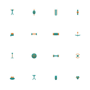 Physiotherapy icon set - 16 teal and orange duotone vector icons. Stretching, muscle, spine, joint, manual therapy, resistance band, foam roller and more symmetric flat physical therapy icons.