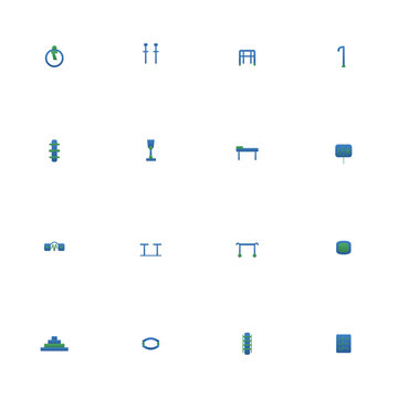 Rehabilitation icon set - 16 blue and green duotone vector icons. Wheelchair, crutches, walker, cane, leg brace, prosthetic, therapy table and more symmetric flat mobility recovery icons, isolated.