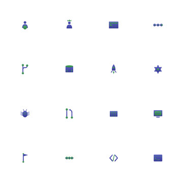 Scrum and DevOps icon set - 16 indigo and green duotone vector icons. Scrum master, product owner, CI/CD pipeline, git branch, repository, deployment, container and more symmetric flat software.