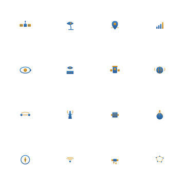Satellite icon set - 16 blue and amber duotone vector icons. Satellite, dish, GPS, signal, ground station, space telescope, antenna, constellation and more symmetric flat communication icons.