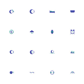 Sleep health icon set - 16 indigo and teal duotone vector icons. Sleep, moon, bed, pillow, sleep cycle, sleep tracker, deep sleep, circadian rhythm and more symmetric flat sleep icons, isolated.