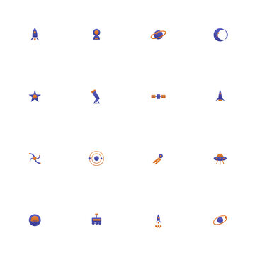 Space exploration icon set - 16 indigo and orange duotone vector icons. Rocket, astronaut, planet, moon, telescope, space station, galaxy, mars rover and more symmetric flat astronomy icons, isolated.