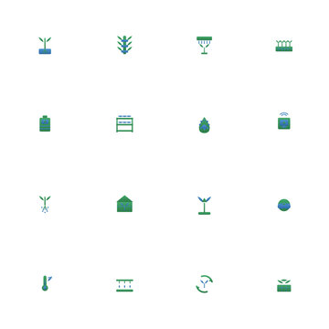 Vertical farming icon set - 16 green and blue duotone vector icons. Hydroponics, grow tower, LED grow light, seedling tray, aeroponics, greenhouse, drip irrigation and more symmetric flat indoor farm.