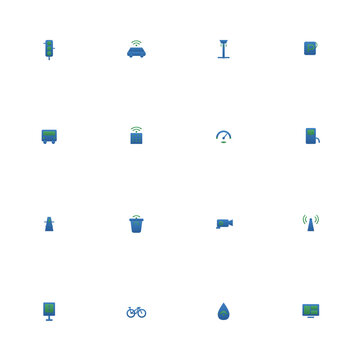 Smart city icon set - 16 blue and green duotone vector icons. Smart traffic light, connected car, streetlight, parking, transit, smart building, EV charging and more symmetric flat urban tech icons.