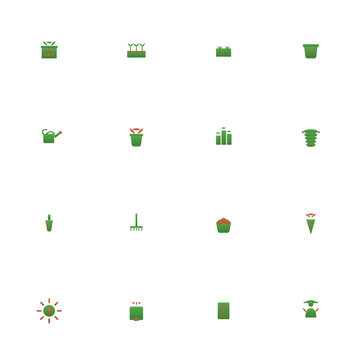 Urban farming icon set - 16 green and terracotta duotone vector icons. Rooftop garden, raised bed, community garden, compost, watering can, planter, beehive and more symmetric flat gardening icons.