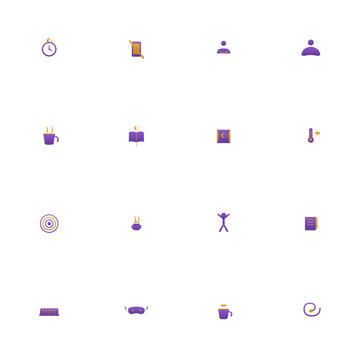 Sleep hygiene icon set - 16 purple and amber duotone vector icons. Bedtime routine, no screens, relaxation, warm drink, reading, aromatherapy, sleep mask and more symmetric flat wellness icons.