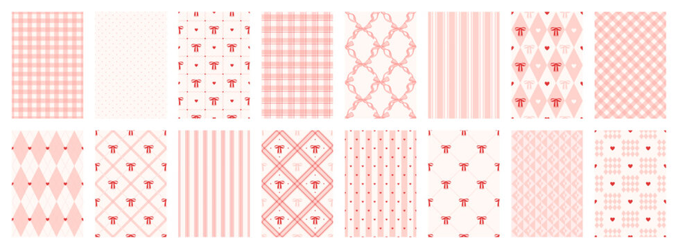 Coquette cute pastel pink set of seamless pattern with heart and bow. Gingham, plaid, stripes and rhombus print for wrapping paper, textile and fabric. Girly backgrounds. Vector illustration