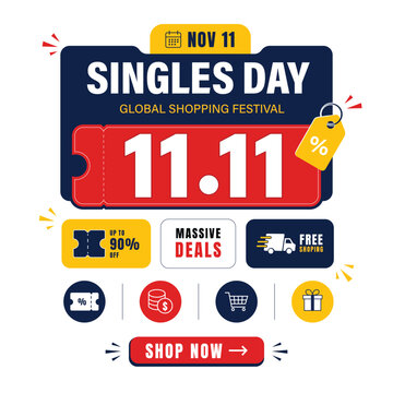 1 11 Singles Day Discount Ticket Coupon Banner Template with Retail Icons
