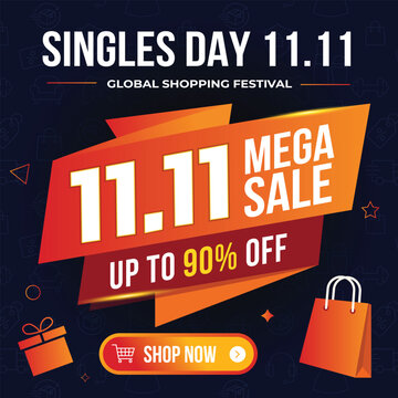 Singles Day 11 11 Mega Sale Banner Template with Shopping Bag and Gift Box