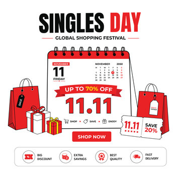 Singles Day 11 11 Sale Banner Template with November Calendar and Gifts