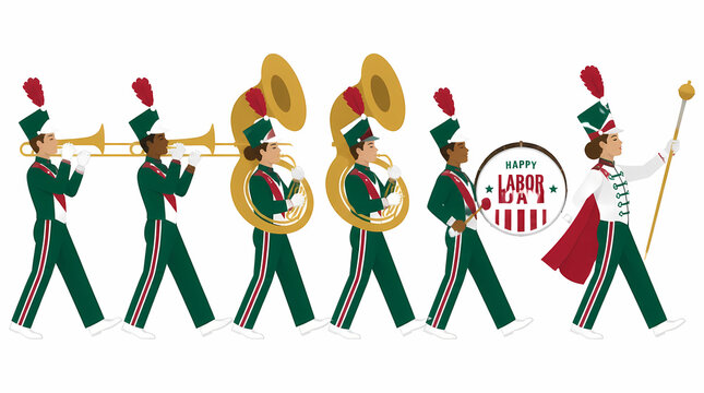 Military band marching in parade with brass instruments and drum carrying Happy Labor Day banner