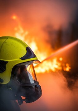 Close-up of a protective mask and yellow helmet through thick smoke as a water stream battles a blazing mountain forest wildfire at night, cinematic, wildfire, hose