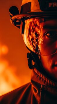 Close-up portrait showcasing reflective safety gear and a brave, focused expression under the warm, intense glow of a nearby wildfire, intensity, helmet, embers