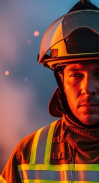 Close-up portrait showcasing reflective safety gear and a brave, focused expression under the warm, intense glow of a nearby wildfire, hazard, protection, night