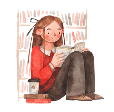 Beautiful girl reading a book in the library with bookshelf on background. Cute watercolor illustration in cartoon style isolated on white background. Girl sits on the floor with a book.