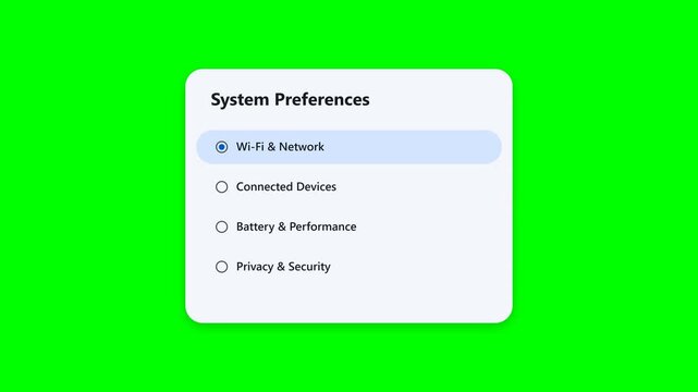 System Preferences UI Window with Radio Button Selection for Device Settings on Green Screen