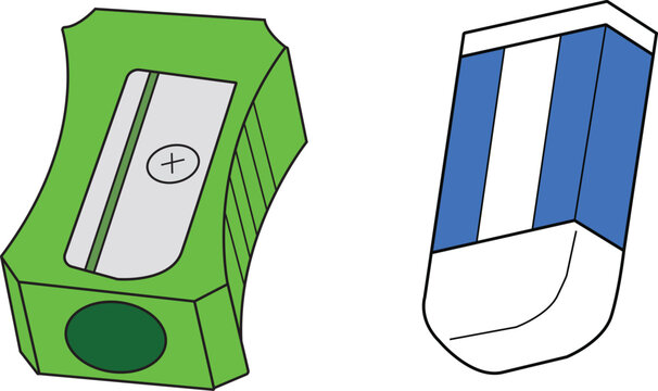 Green pencil sharpener and blue and white eraser
