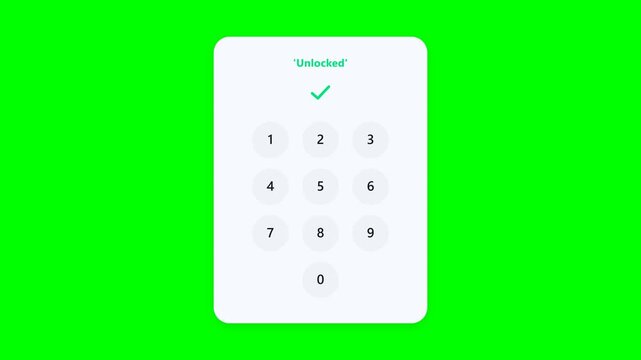 Digital PIN Code Interface Animation with Numeric Keypad and Successful Unlock on Green Screen