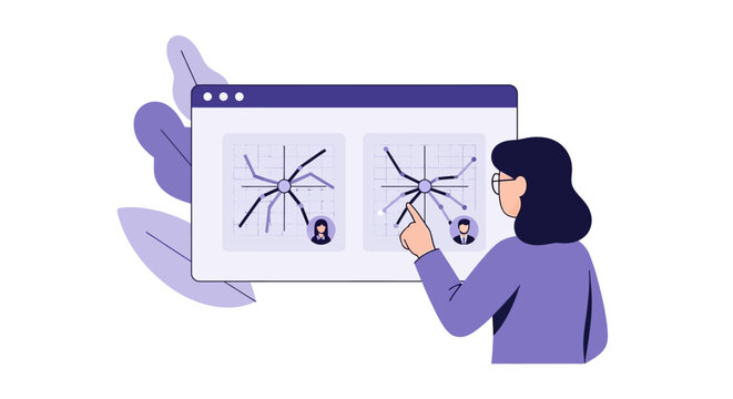 Businesswoman analyzing candidate skills on a digital dashboard with radar charts for recruitment and talent management assessment.