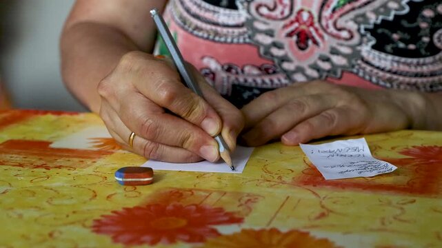 Closeup of a woman hand writing a shopping list with a pencil on a small paper note

