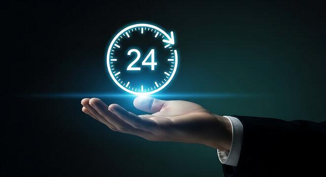 Hand holding glowing 24 hour icon. Business support concept with digital clock hologram.