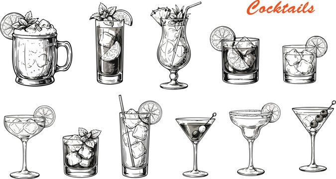Collection of hand drawn cocktail and alcoholic beverage illustrations in vintage ink sketch style with cocktail beverage refreshment illustration mixology
