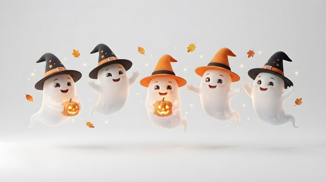 Group of cute 3d ghosts with pumpkins and witch hats