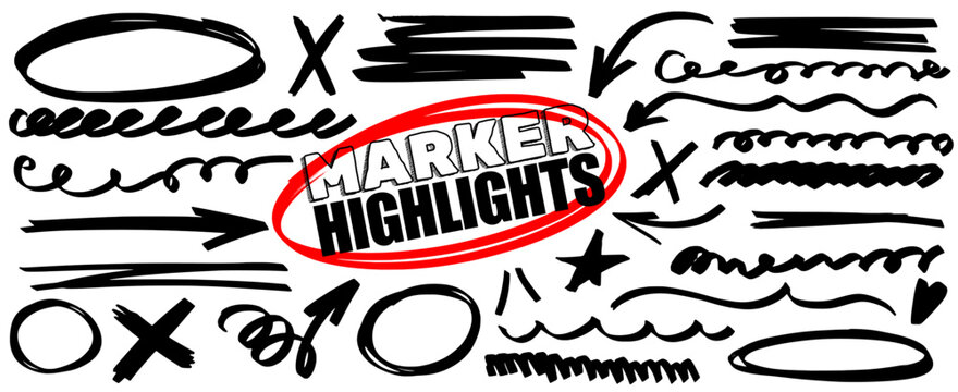 Bold marker and brush highlight doodle drawn in pen and pencil. Circle paint lines, arrow and underline strokes. Marker highlight, arrow and underline full of energy.