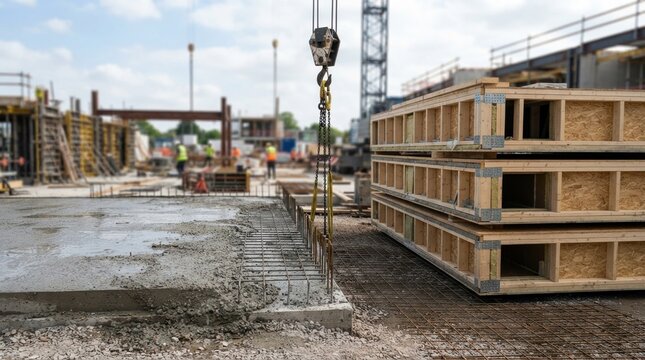Embodied carbon construction concept with concrete slab, modular room units, steel mesh, timber framing, and crane hooks