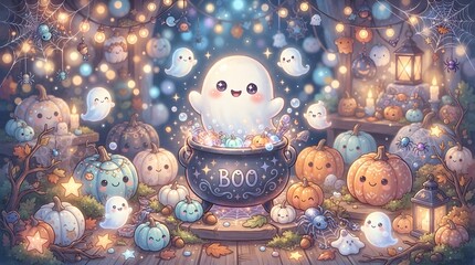Obraz premium Cute cartoon ghost with pumpkins and cauldron