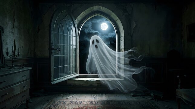 Eerie ghost floating in a dark, abandoned room by moonlight